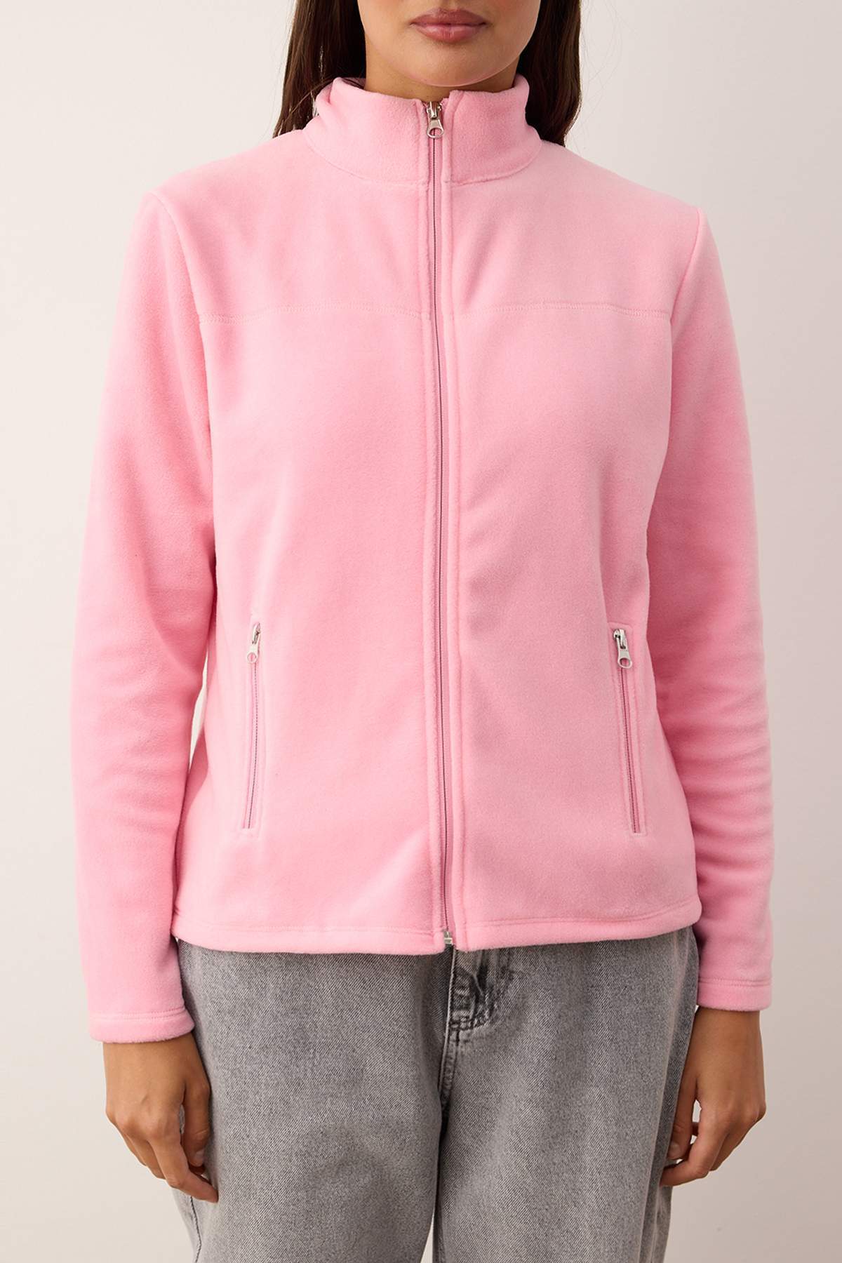 Trendyolmilla  Pembe Polar Düz Dik Yaka Cepli Fermuarlı Regular/Normal Kesim Örme Sweatshirt TWOAW26SW00005 - Görsel 3
