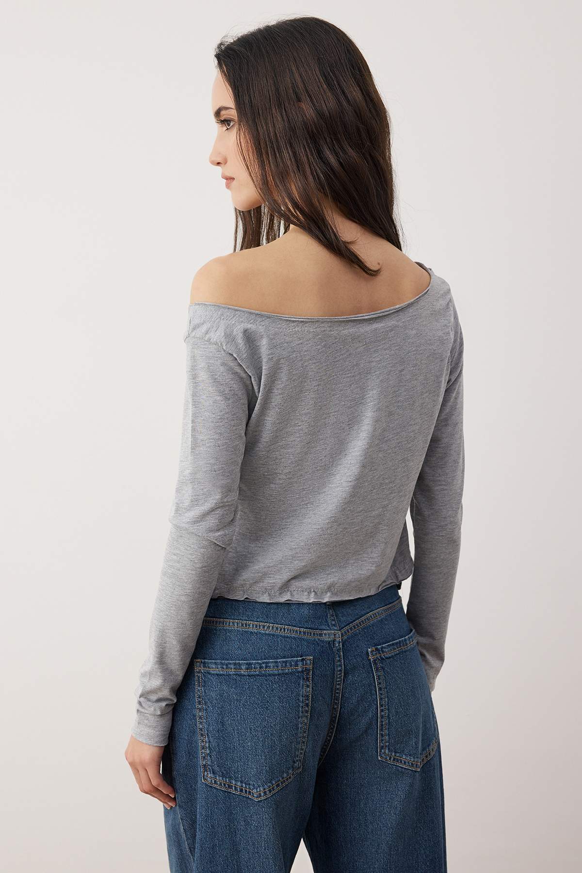 Trendyolmilla  Teen Lacivert-Gri Melanj %100 Pamuk Açık Omuzlu Yaka Rahat Kesim Örme T-Shirt TWOAW26TS00016 - Görsel 13