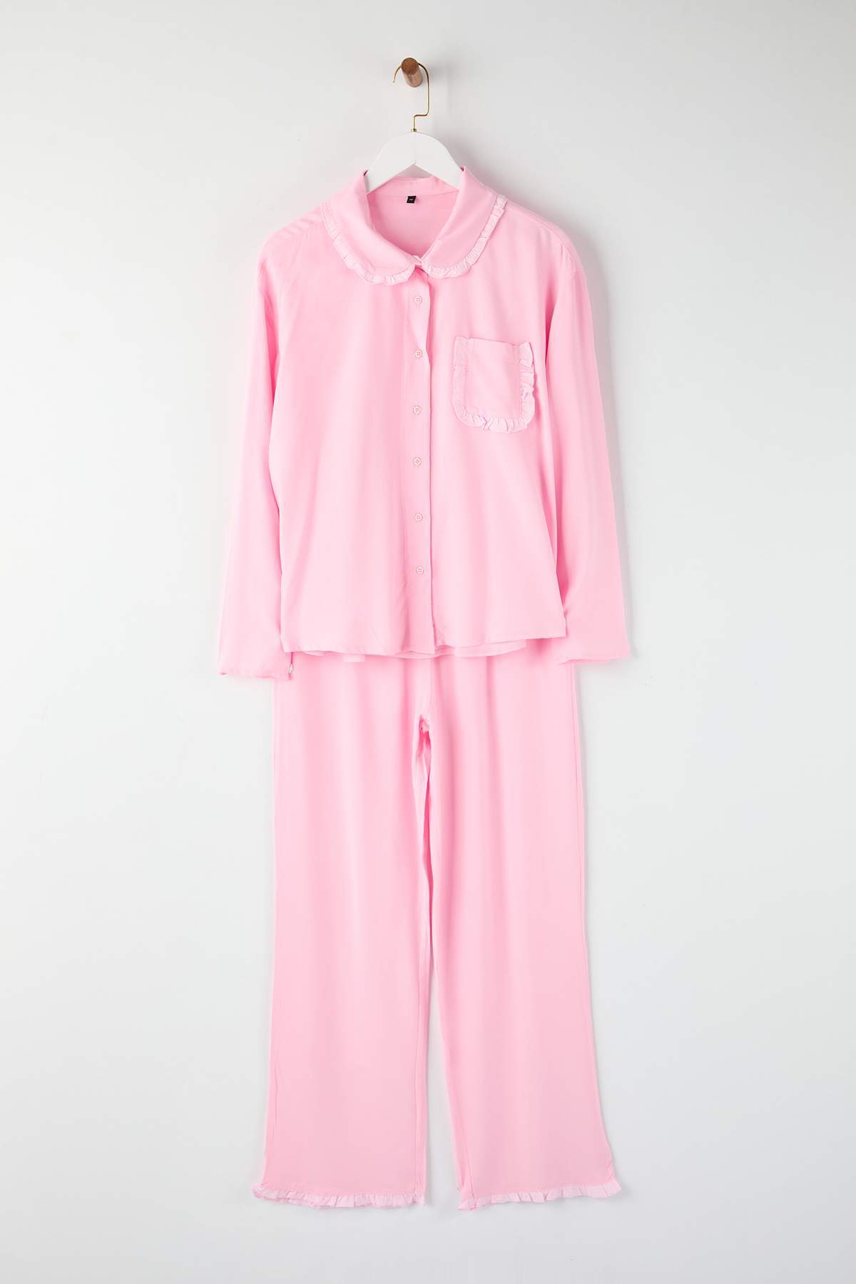 Trendyolmilla  Pembe Fırfırlı Cep Detaylı Viskon Dokuma Pijama Takımı THMAW25PT00146 - Görsel 5