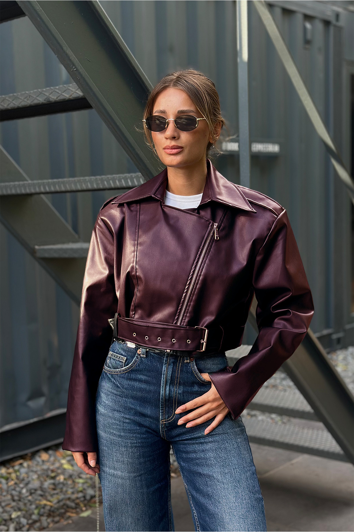 NET OF NOT  ZR Model Vatkalı Bordo Oversize Biker Deri Ceket - Görsel 5