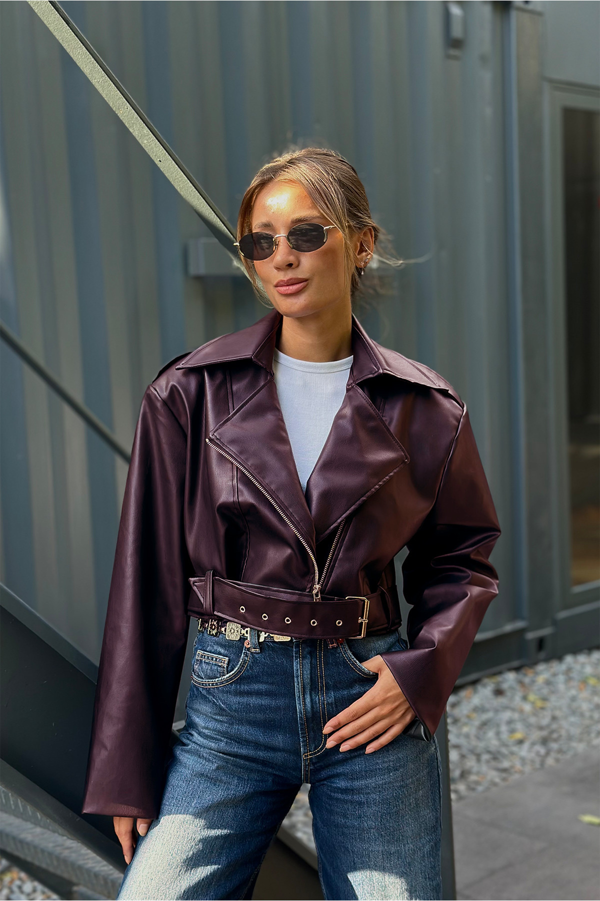 NET OF NOT  ZR Model Vatkalı Bordo Oversize Biker Deri Ceket - Görsel 6