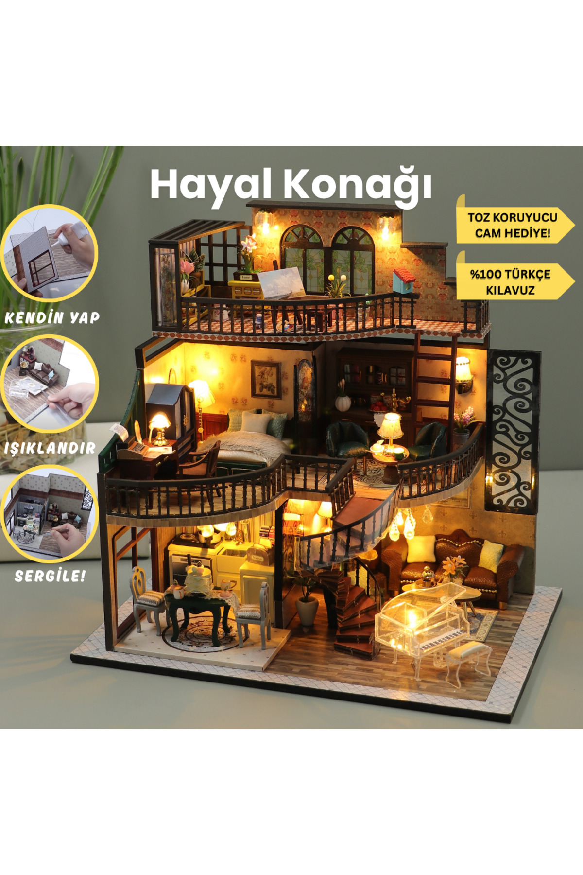 minyaturia Kendin Yap Villa Maketi|Hobi Seti| Led Işıklı Ahşap Minyatür Maket Ve Toz Koruma Camı