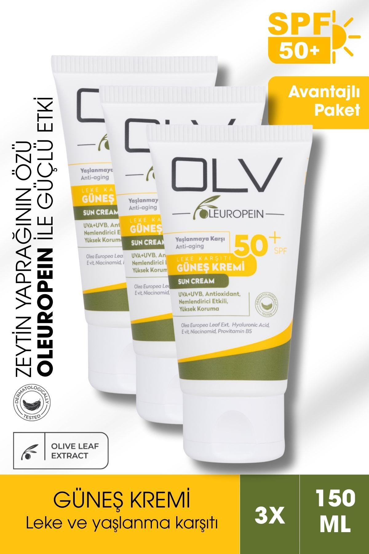 Spf 50 Yaşlanma Karşıtı Leke Karşıtı Güneş Kremi Seti 150 ml 3'lü Süper Avantajlı Paket — OLV004