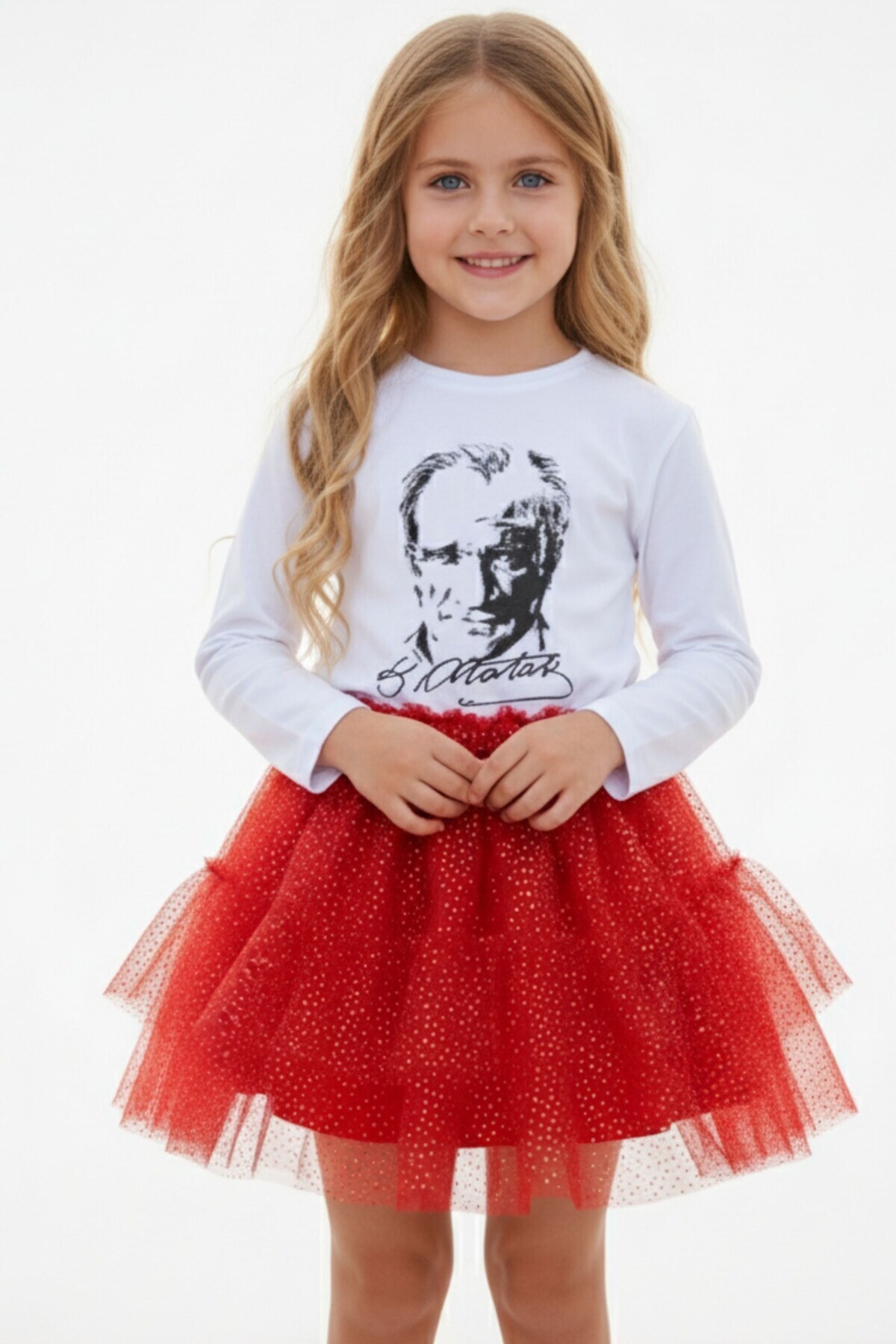 Kübra Tekstil  Kız Çocuk Kırmızı Tütü Etek Yaldızlı Astarlı ,23 Nisan Parlak Simli Kırmızı Etek - Görsel 3