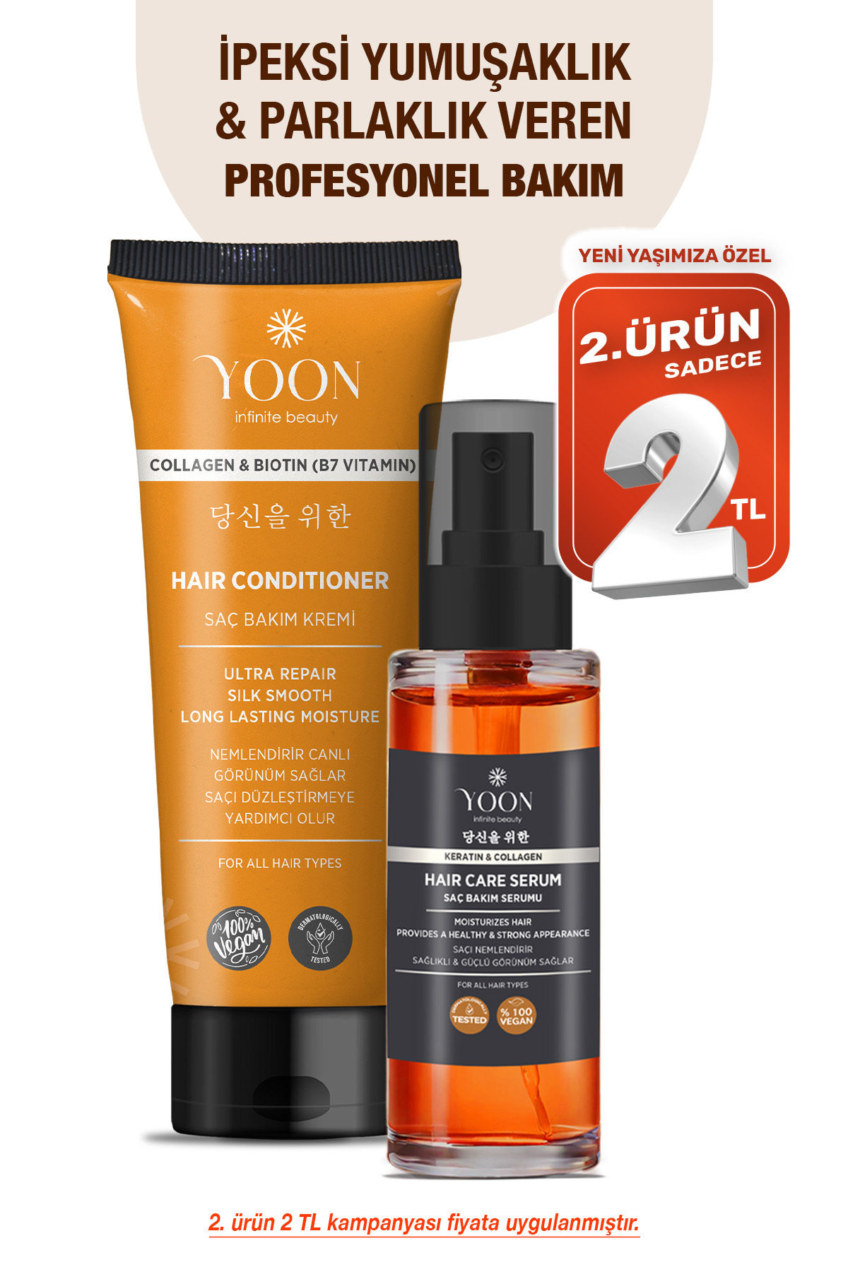 2'li Vegan Saç Kremi & Durulanmayan Saç Serumu, B7 Vit, Kolajen ve Keratin İçerikli Saç Bakım Seti