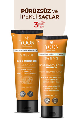 YOON Vegan Tuzsuz Şampuan 250ml & Saç Bakım Kremi 200ml Sülfatsız, Kolajen, B...