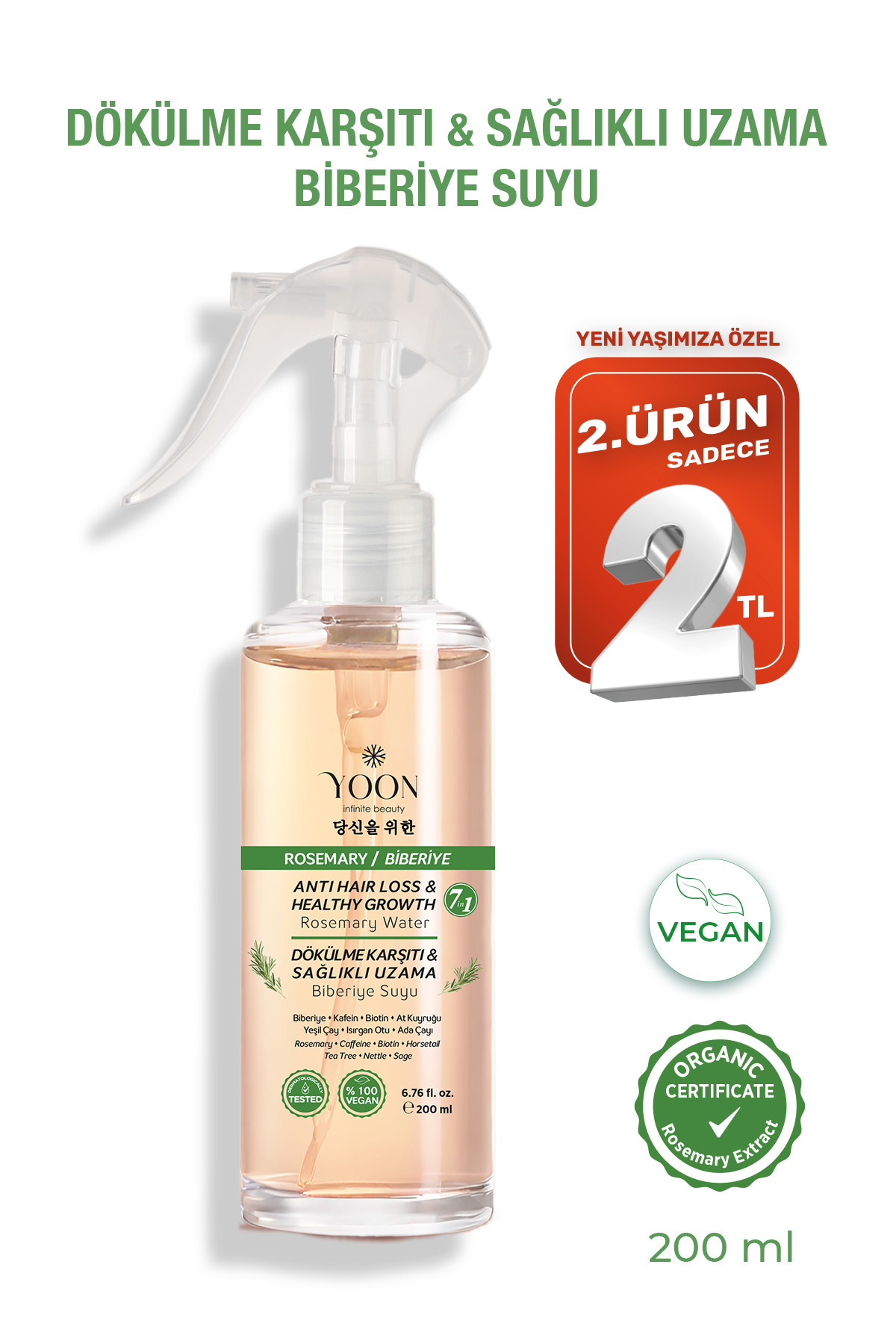 YOON Saç Dökülme Karşıtı,Sağlıklı Hızlı Saç Uzamasına Yardımcı 7 Aktifli Biberiyeli Saç Bakım Suyu 200 ml