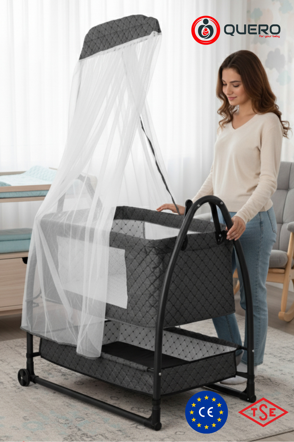 Quero Anne Yanı Cibinlikli, Tenteli, Sallanır, Tekerlekli, Sepetli, Keten Kapitone, Portatif Sepet Beşik fotoğrafı 2 (önizleme)