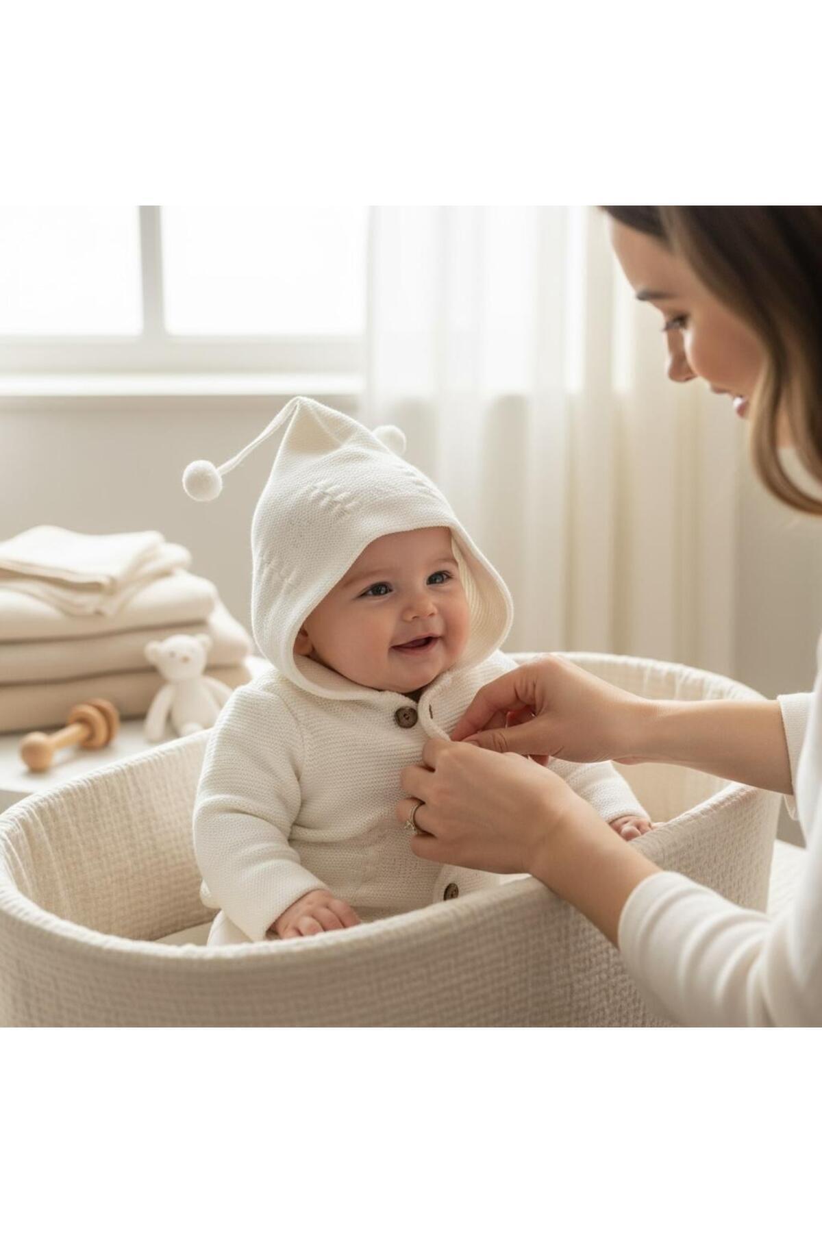 ALTINTAŞ BABY Çizgili Triko Ponpon Kapüşonlu Çift Katlı Kız Erkek Bebek Hırka fotoğrafı 4 (önizleme)