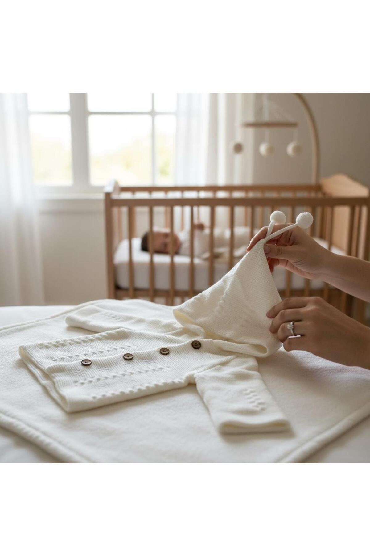 ALTINTAŞ BABY Çizgili Triko Ponpon Kapüşonlu Çift Katlı Kız Erkek Bebek Hırka fotoğrafı 3 (önizleme)
