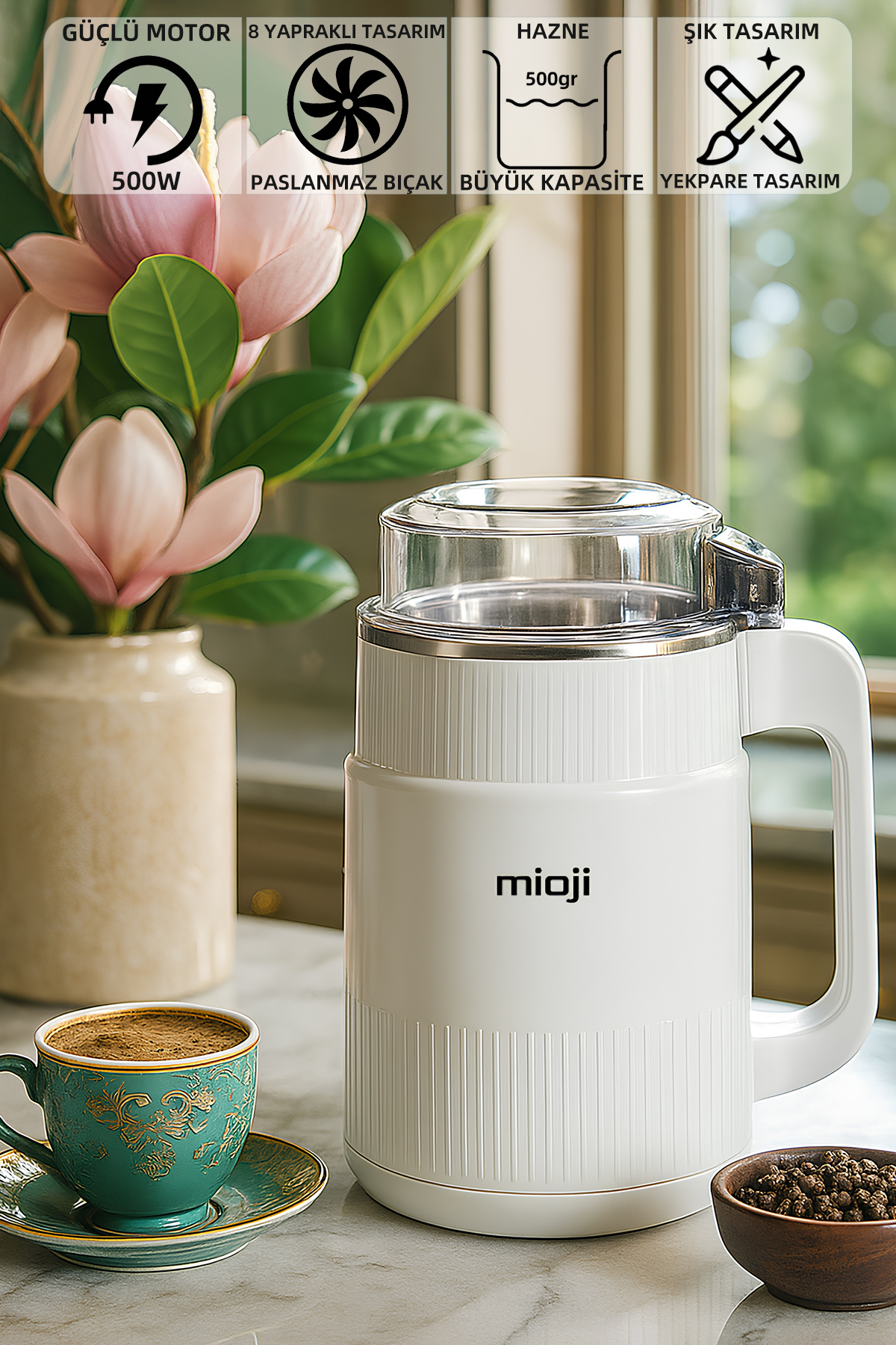 Mioji Mio CG34 500W Paslanmaz Çelik Bıçak Kompakt Baharat ve Kahve Öğütücü Beyaz