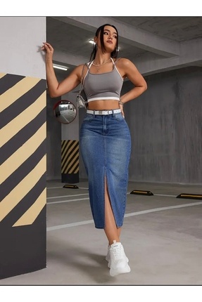 pass&pass 2100-etek Kadın Likralı Önden Yırtmaçlı Jeans Kot Denim Uzun Etek