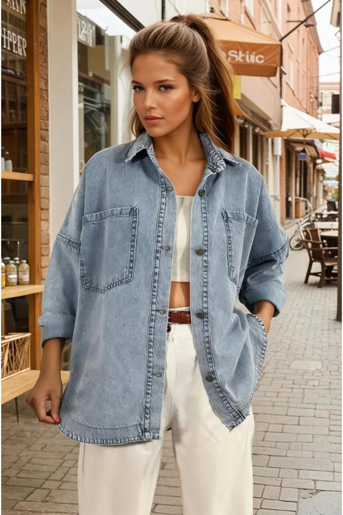 Pasaklı Giyim  Oversize Kar Yıkama Cepli Düğmeli Denim Kot Ceket Gömlek Kt089400
