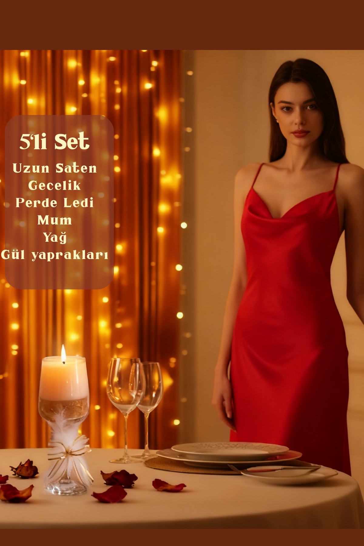 elieldam Romantik Özel Hediye Seti (5 parça) Kırmızı Gecelik El Yapımı Mum Yağ Perde Ledi Gül Yaprakları