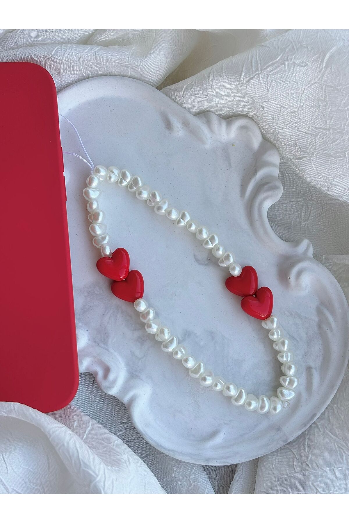 Pearl And Red Heart Phone Charm Phone Rope