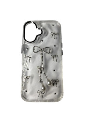 Fancy İphone 16 Fiyonklu Taşlı Şeffaf Sert Silikon