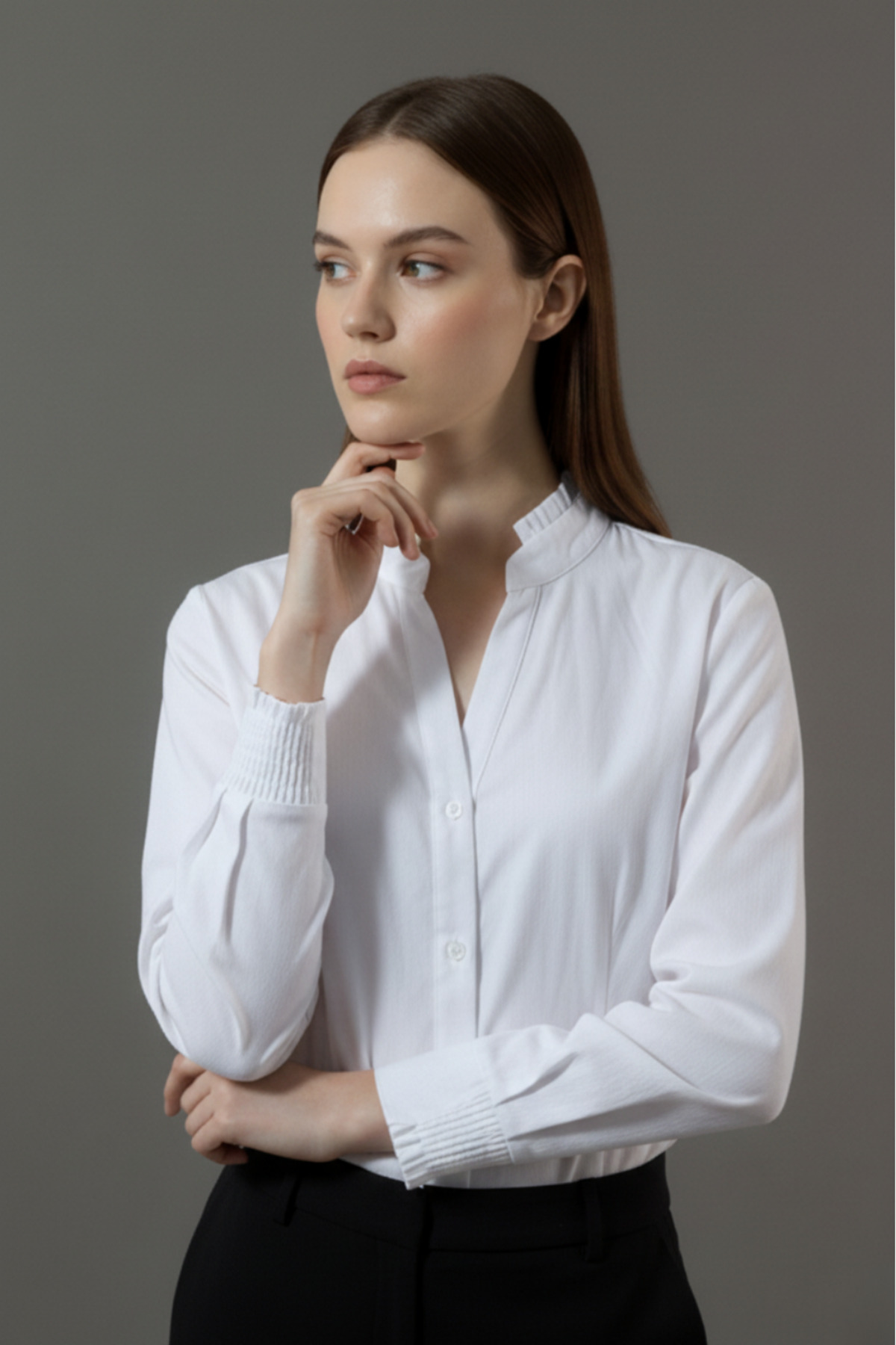 Lavenda  Kadın Premium Kumaş Fırfırlı Hakim Yaka ve Gipeli Manşetli Kuplu Likralı Belden Oturtma Ofis Gömleği - Görsel 5