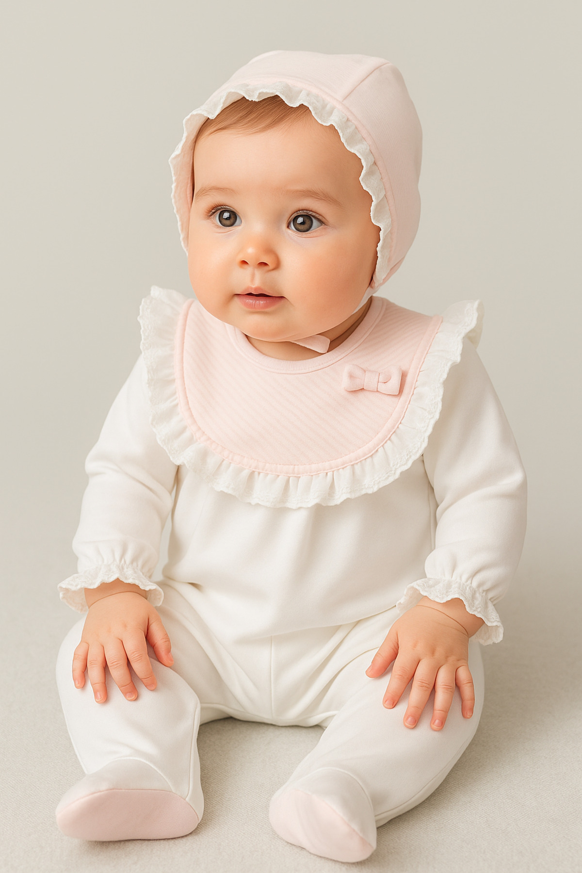 Naka Concept Jakarlı 10 Parça Kız Bebek Hastane Çıkış Seti-Pembe Beyaz fotoğrafı 3 (önizleme)