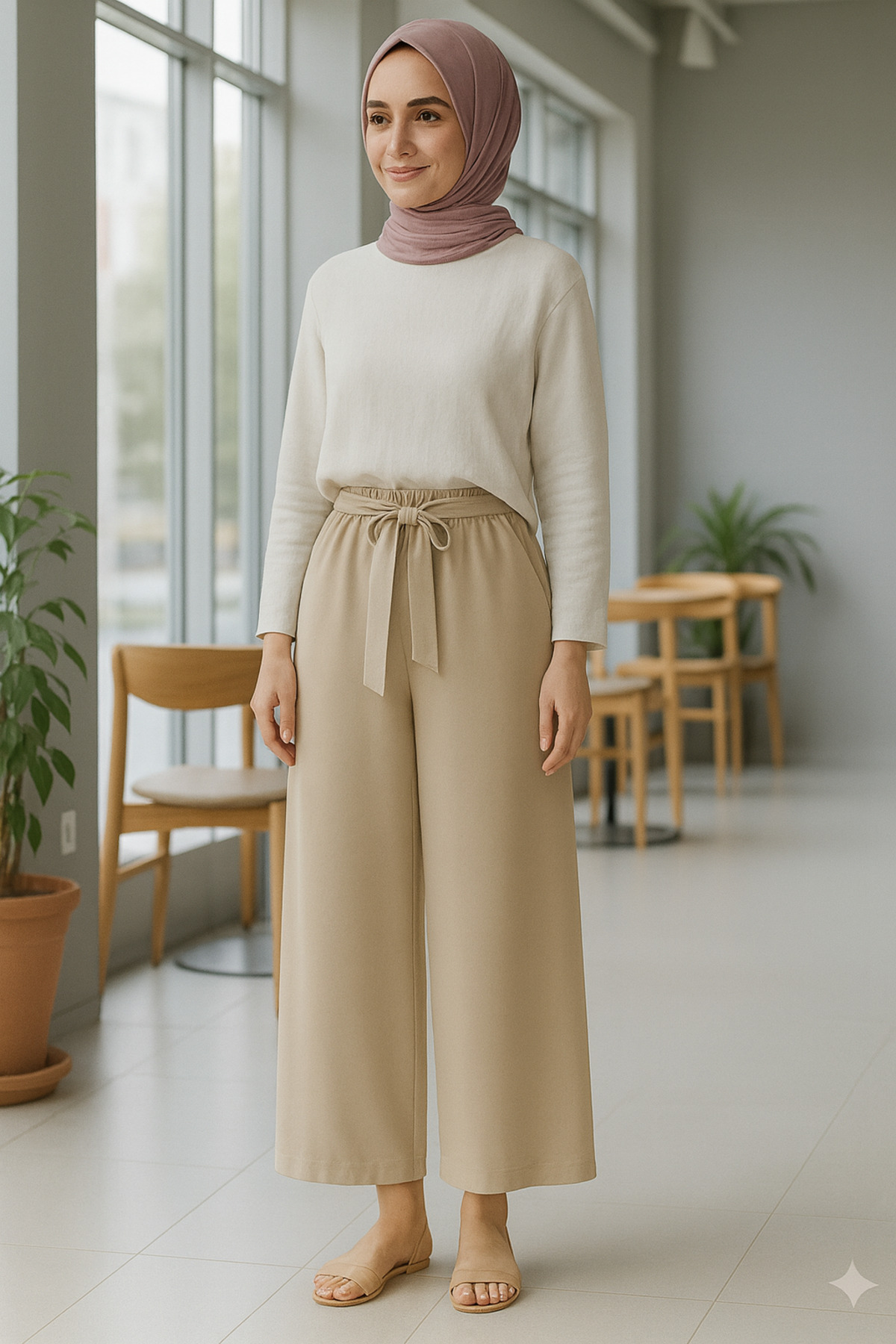 BEIGE SCUBA CREPE wrap BELT TROUSERS(launch price for A short time)