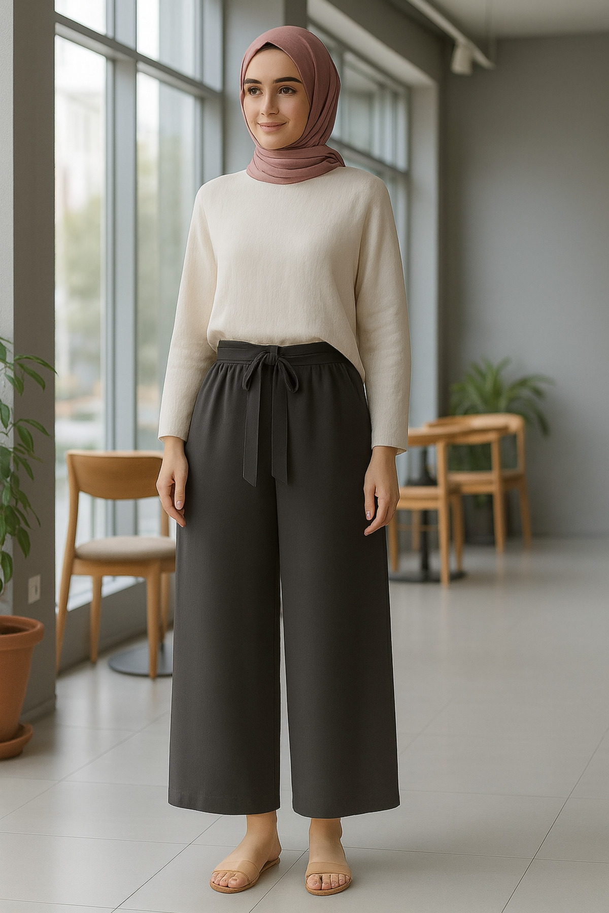 SMOKED SCUBA CREPE wrap BELT TROUSERS(launch price for A short time)