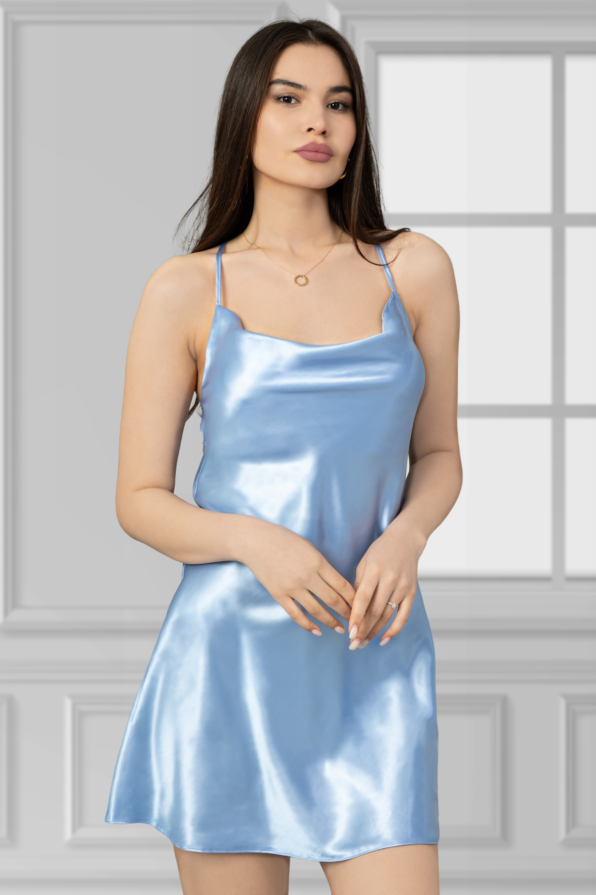 Bluewhs Kadın Gecelik Askılı Degaje Yaka Göğüs Dekolteli Saten Özel Gecelik Gece Mavisi