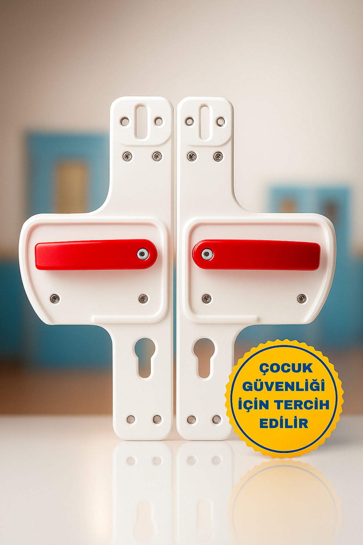 Life 360 Bariyerli Kapı Kolu | Beyaz-Kırmızı | Çocuk Güvenlikli | Okul, Kreş ve Eğitim Alanlarına Uygun