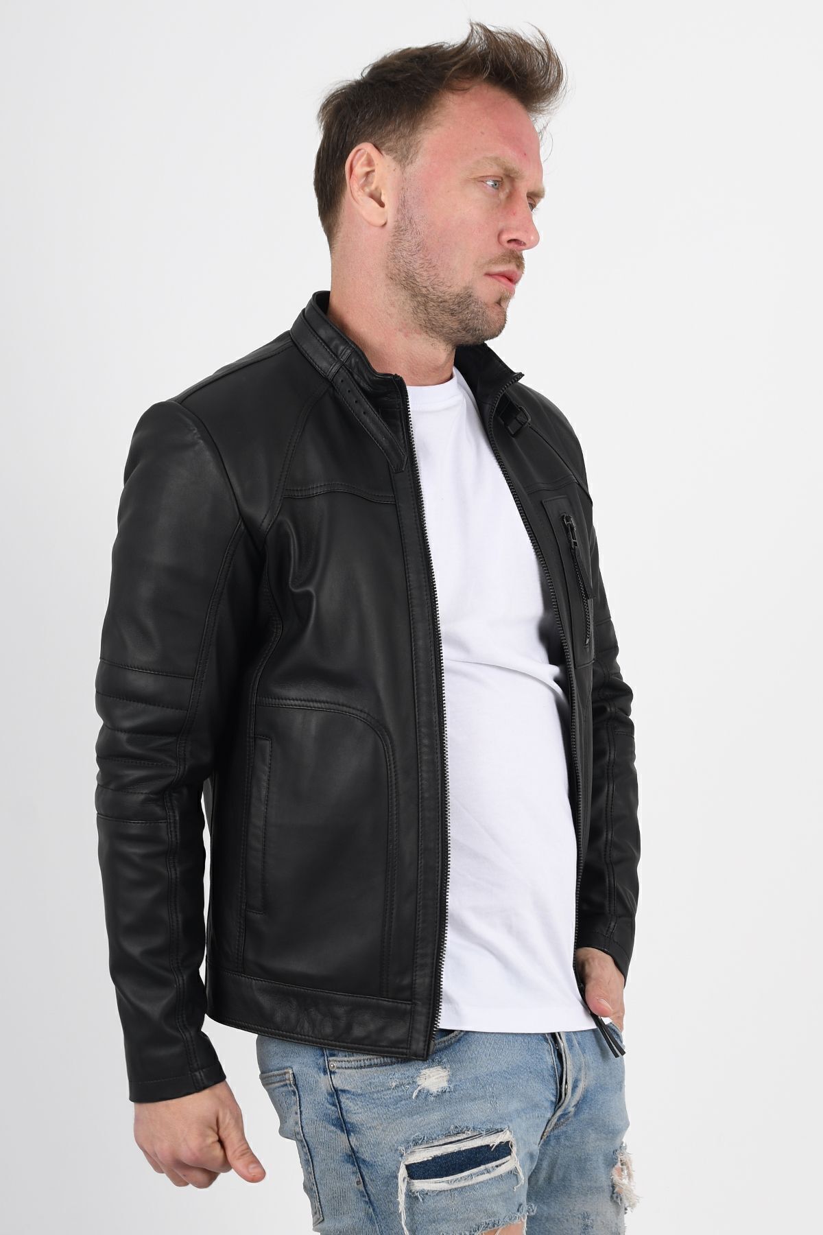 ALİN  Theroux Erkek Rahat Kesim Siyah Hakiki Deri Mont - Görsel 6