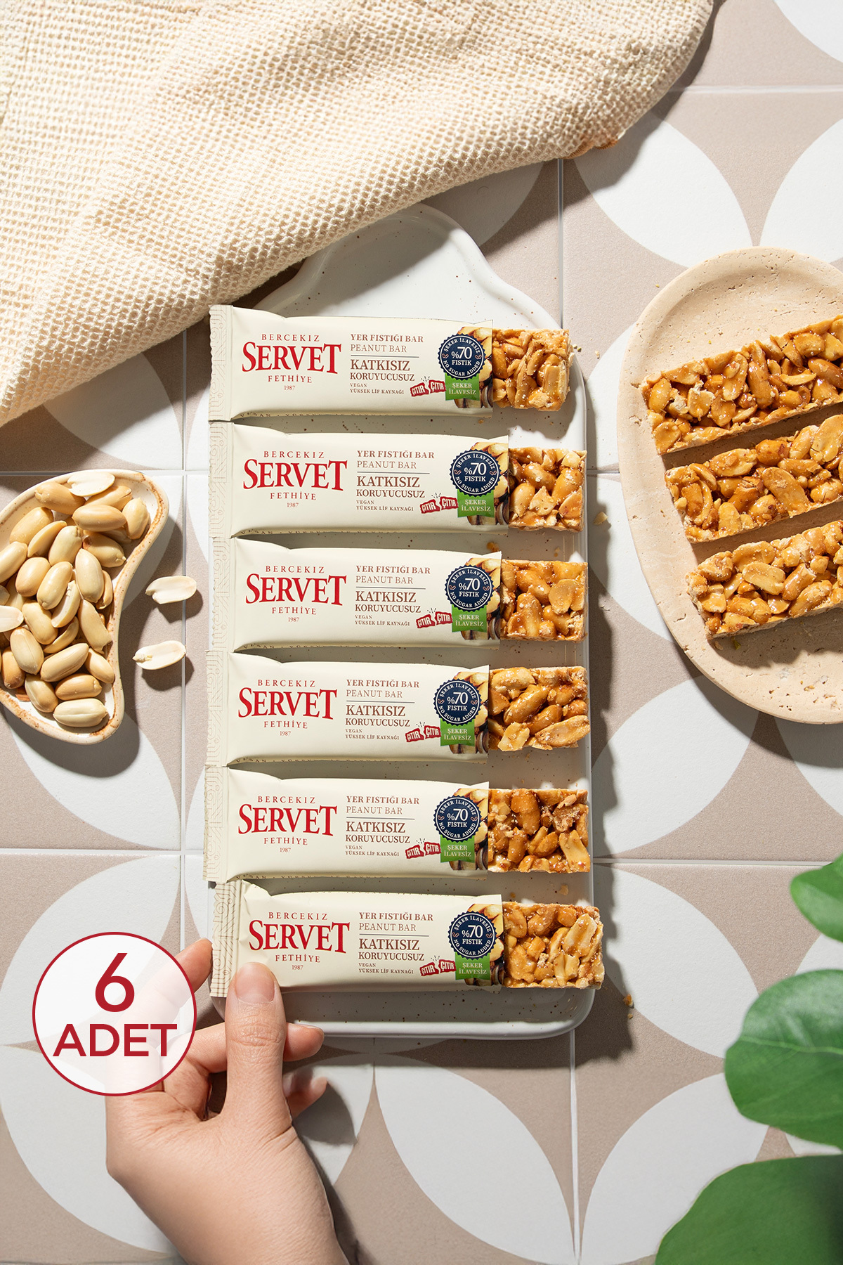 BERCEKIZ SERVET ŞEKERLEME Şeker Ilavesiz Yer Fıstığı Krokan Bar 120 gr (6 X 20 GR)
