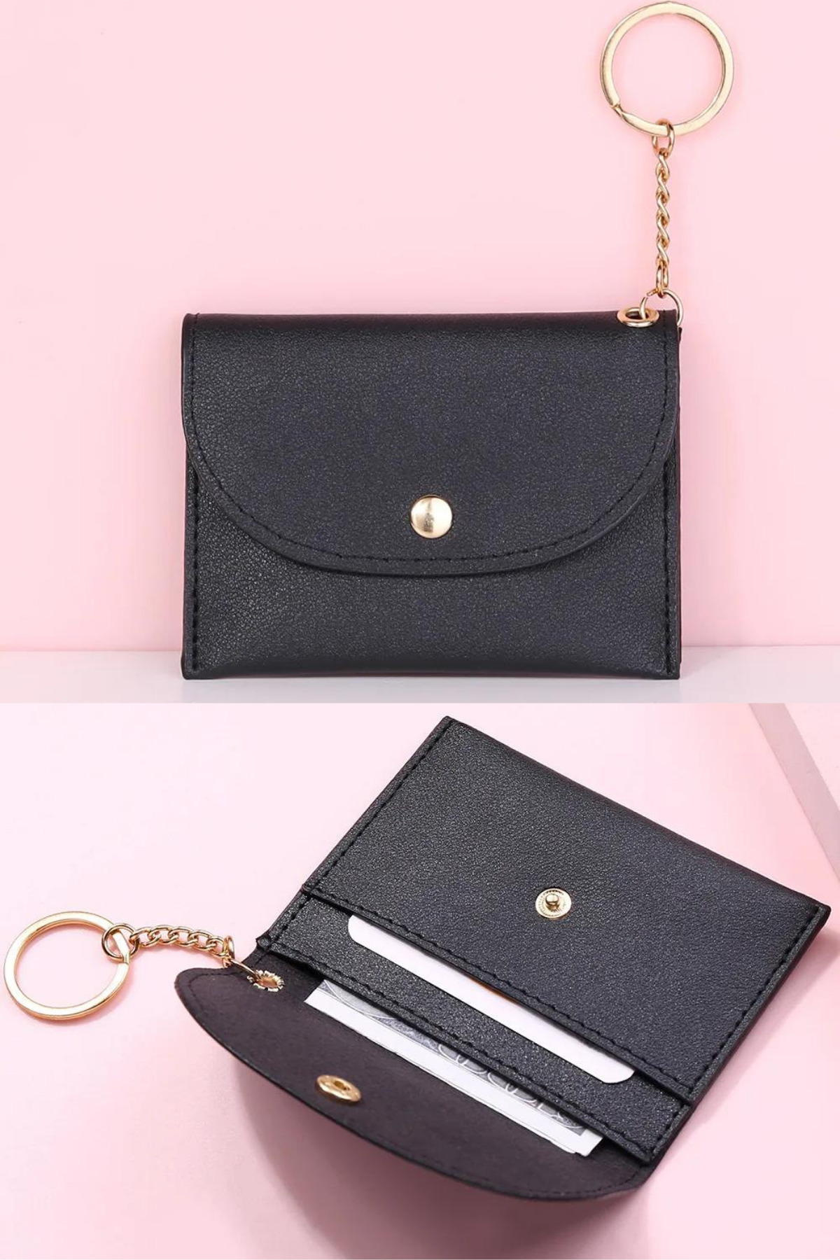 Defnella Siyah Unisex Siyah Çift Bölmeli Anahtarlıklı Mini Kredi Kartlık Cüzdan görsel 3