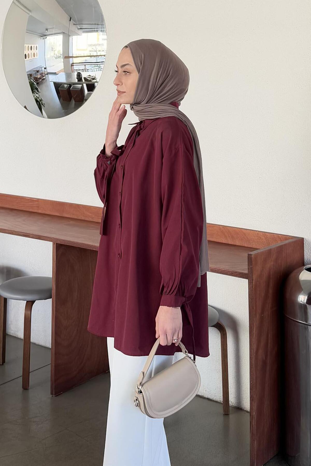 Lamelif Kol Detaylı Gömlek Oversize Gömlek Bordo