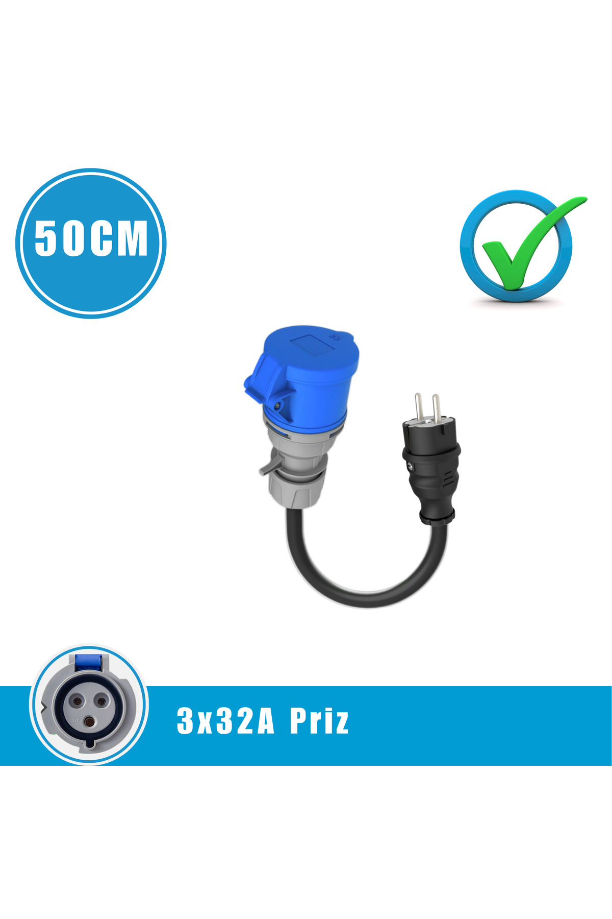 VoltEV 7,4kW Elektrikli Araç Şarj Cihazı için 50Cm Ev Tipi Fişli Dönüştürücü Adaptör