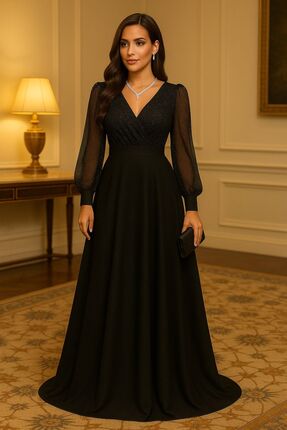 Styling Park Tül Detaylı Uzun Kol Maxi Boy Abiye Elbise