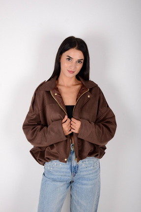 Marjinal Kadın Süet Astarlı Cepli Bomber Ceket