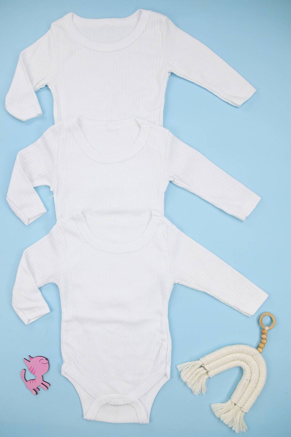Lindakids Fitilli Kumaş %100 Pamuk Uzun Kollu Çıtçıtlı 3'lü Beyaz Bebek Body/Zıbın fotoğrafı 6 (önizleme)