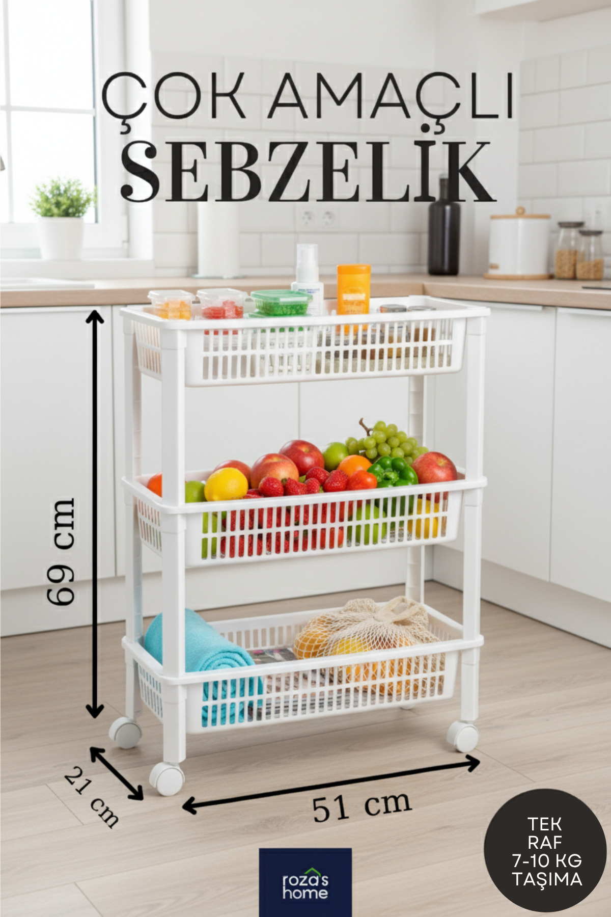 Roza's Home Basic 3 Katlı Düzenleyici 51 x 20,5 x 68,5 Cm Org-76