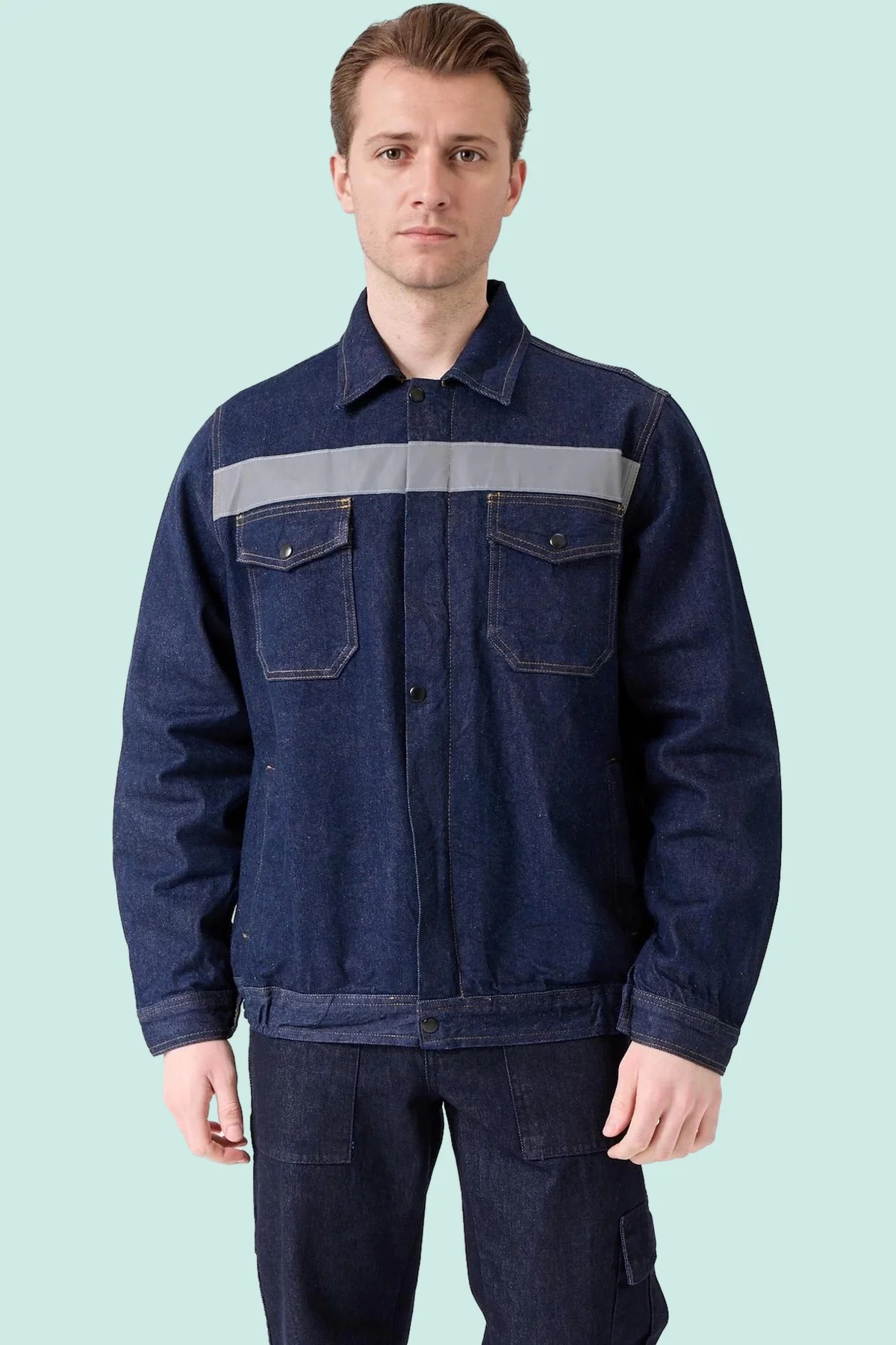 Erkek Denim ISG Mont Koyu Reflektör Detaylı CE Tulipa Kot İş Güvenliği Reflektörlü Ceket