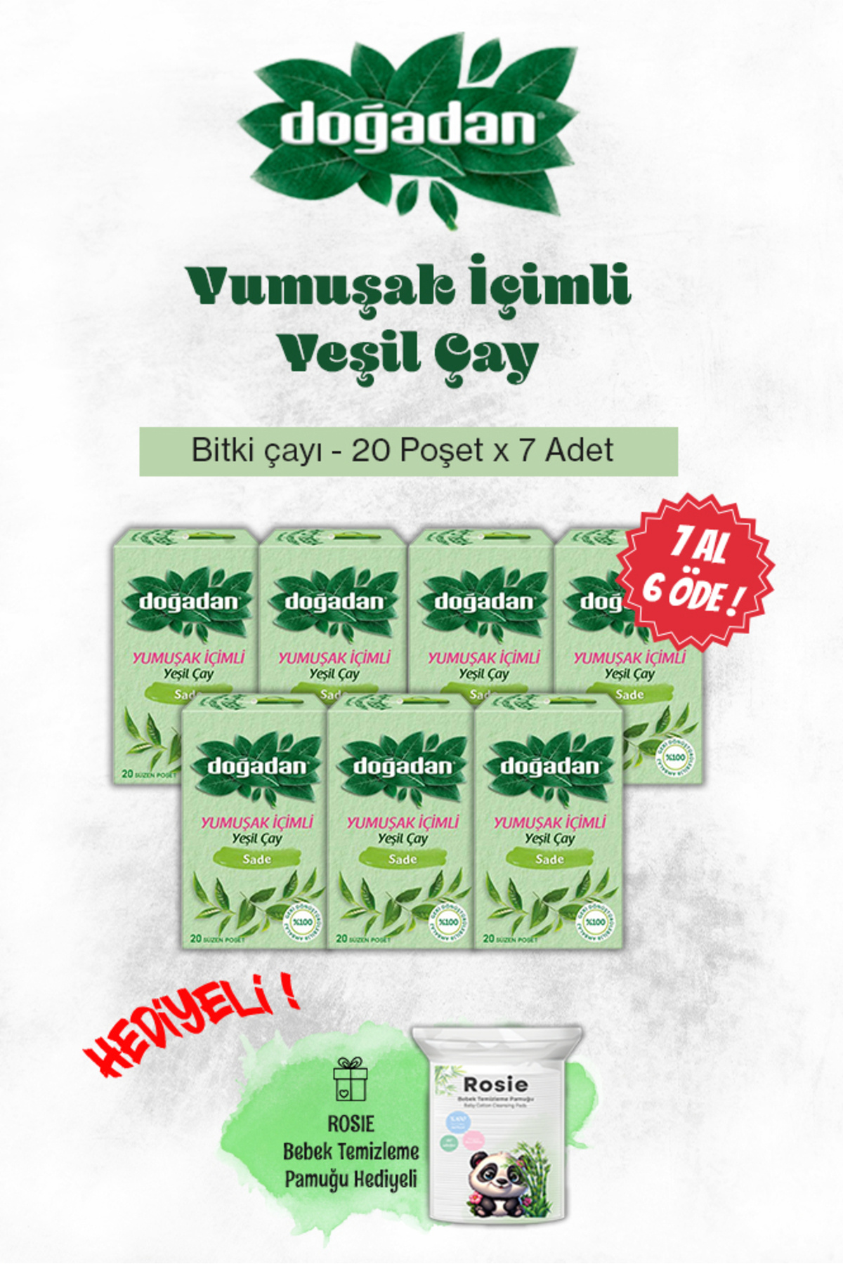 Doğadan 7 AL 6 ÖDE Yeşil Çay Yumuşak İçimli 20'li ve Rosie Pamuk