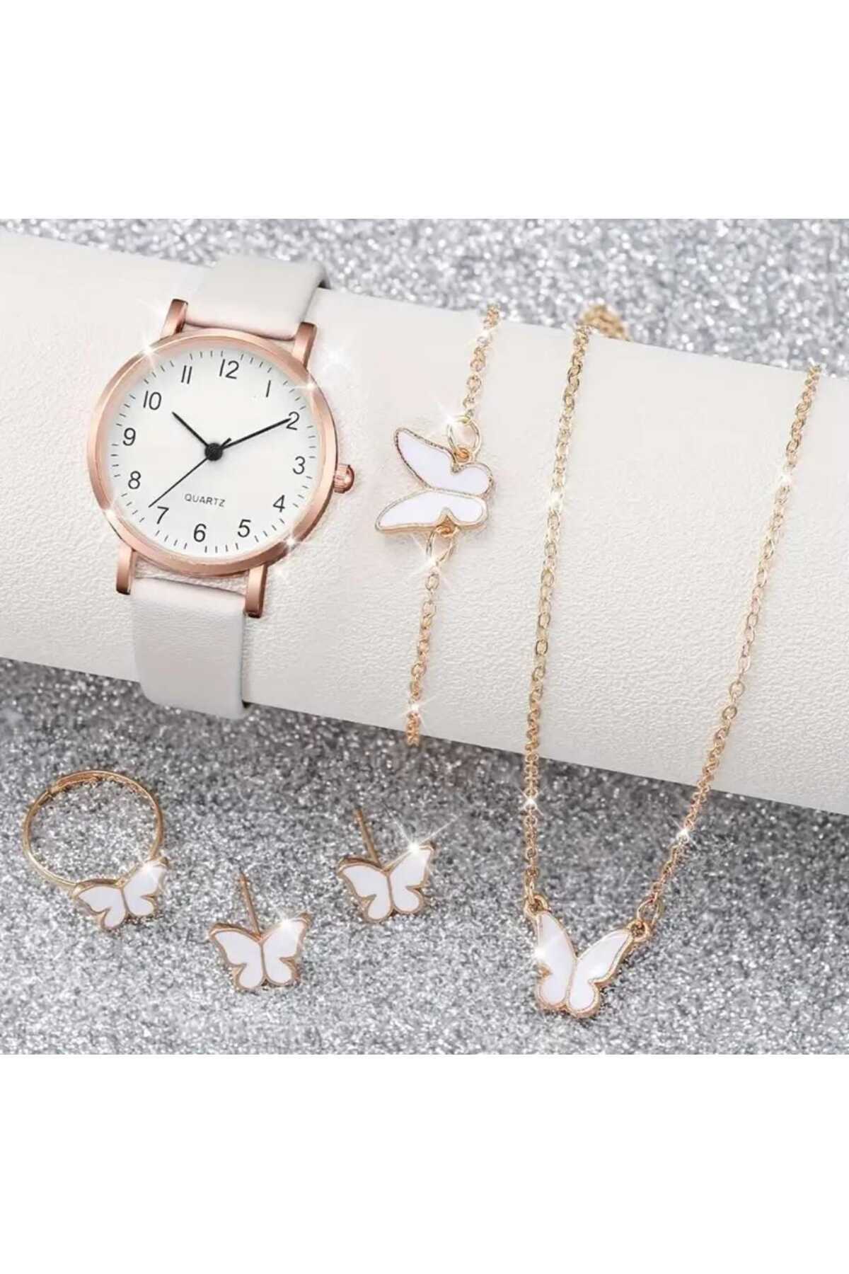 Beyna Rose Gold Kaplama Kelebek Kolye Küpe Bileklik Yüzük Saat Hediye Set Sevgiliye Hediye Anneye Hediye