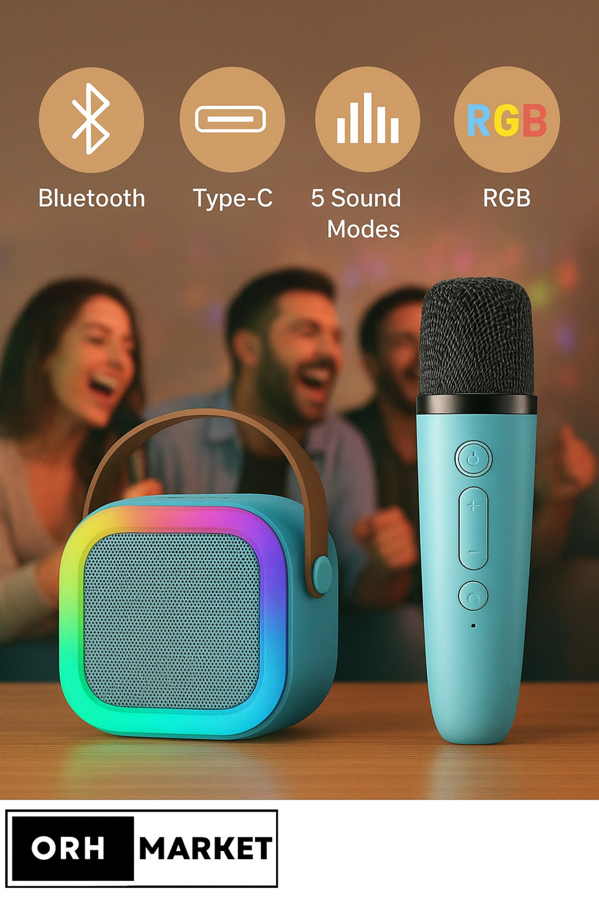 ORH Market Kablosuz Karaoke Bluetooth Hoparlör Tek Mikrofonlu RGB Işıklı, Taşınabilir, USB/SD Parti Hoparlörü