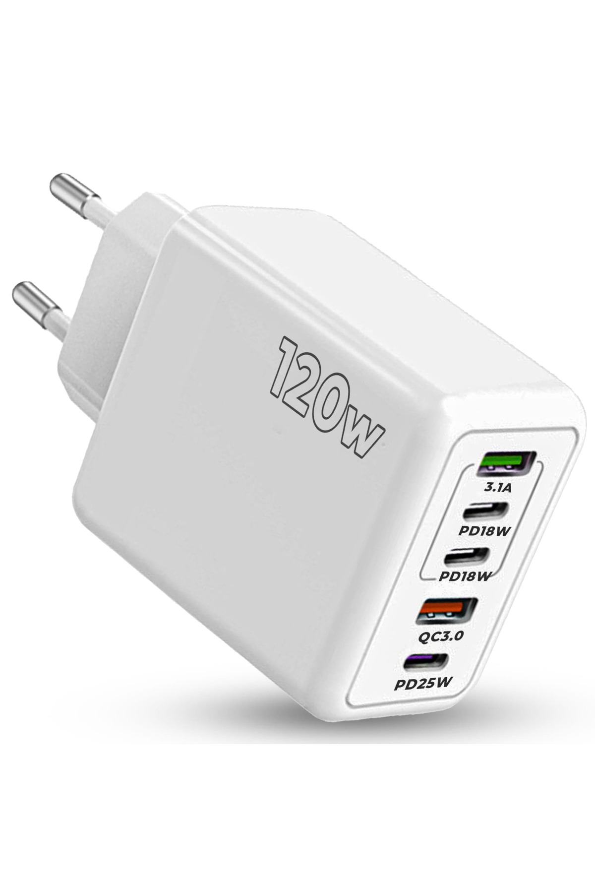 Incarcator de retea cu 5 porturi, 120W, incarcare rapida, 3 porturi tip C, 2 porturi USB, alb