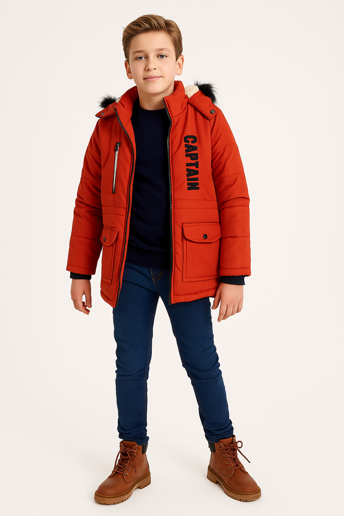 Mika Bebek & Çocuk Kalın Elyaf Dolgulu Su Rüzgar Ve Yağmur Geçirmez Kapüşonlu Kiremit Erkek Çocuk Kışlık Şişme Mont fotoğrafı 3 (önizleme)