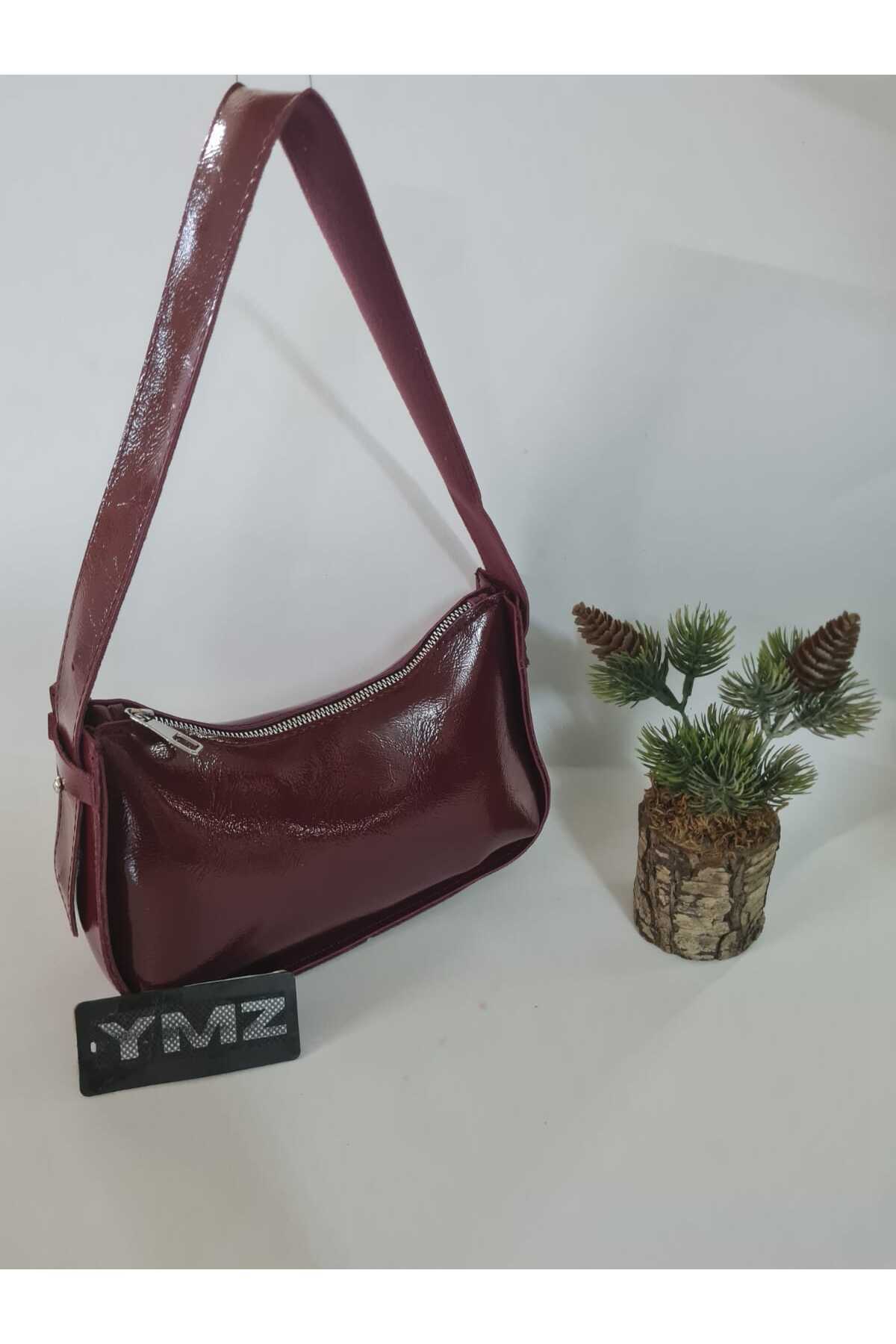 YMZBAG Bordo Desenli Rugan Baget Omuz ve El Çantası görsel 4