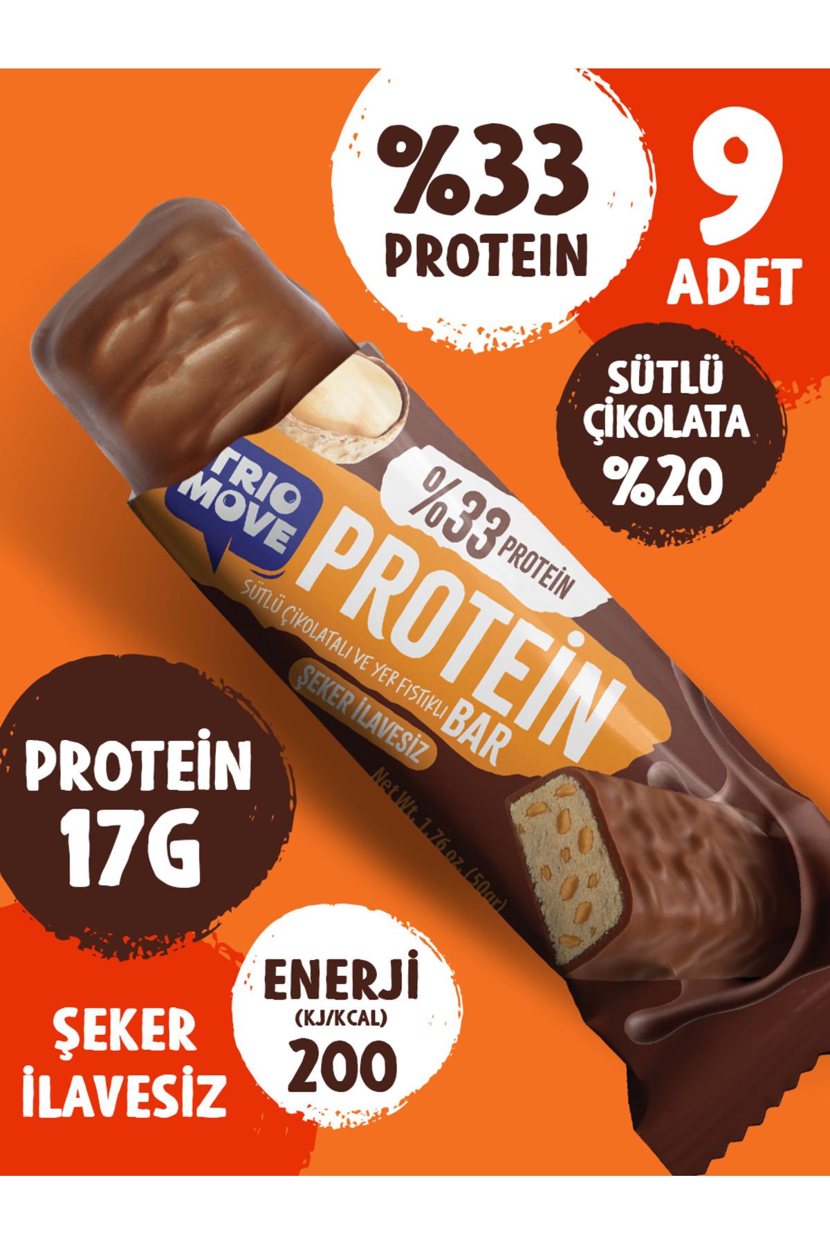 TrioMove Protein Bar - Yer Fıstıklı %33 Protein, 50 g x 9 Adet Trio Move
