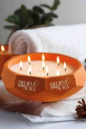 Believe Your Aura Sandal Ağacı Kokulu Mum - %100 Soya Mumu El Yapımı Turuncu ...