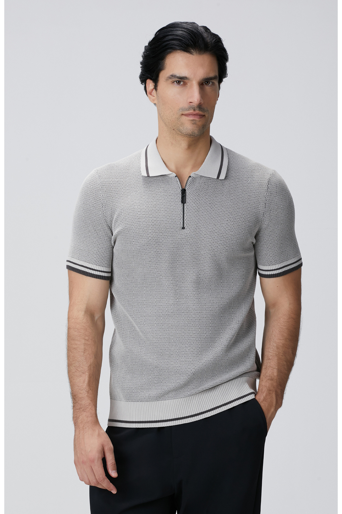 نتورک ژاکت بافتنی طرح‌دار یقه پولو سنگی N-Tech