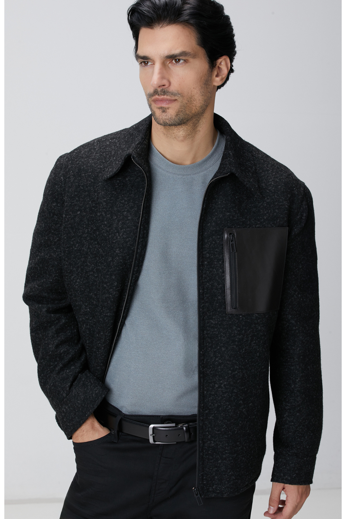 نتورک پالتو جیب‌دار طرح چرم ترکیبی مشکی و پشمی