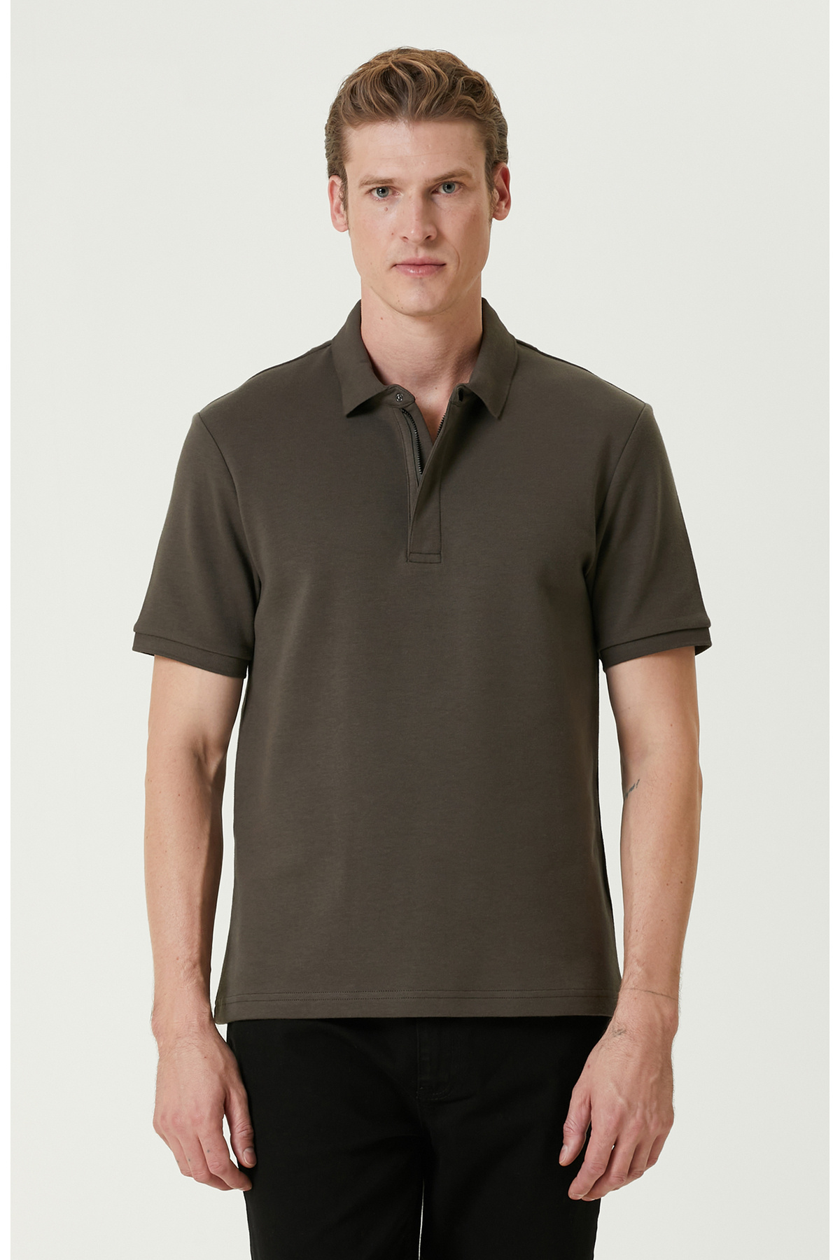 نتورک تی‌شرت زیپ‌دار خاکی N-Tech مدل Pique