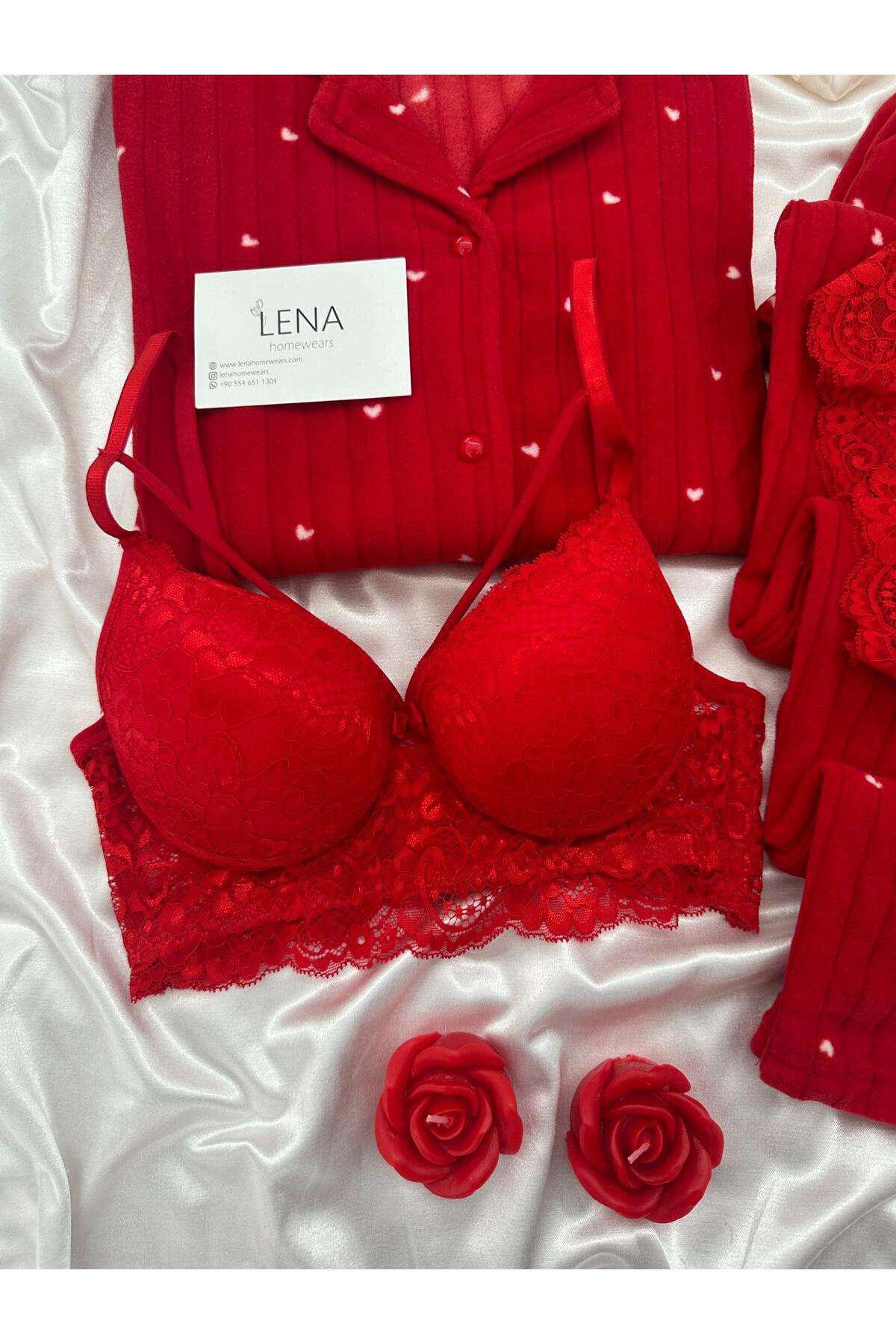 Lena Homewears  Kırmızı Dreams İç Çamaşırlı Kalp Desenli Düğmeli Polar Pijama Takımı - Görsel 8