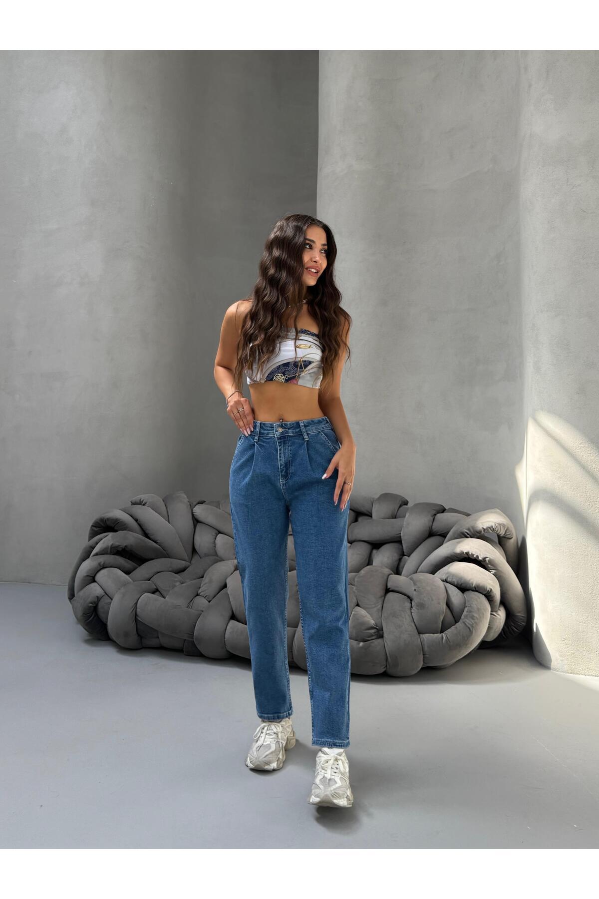 BİKELİFE  Kadın Yüksek Bel Boyfriend Likralı Pileli Mom Jeans - Görsel 8