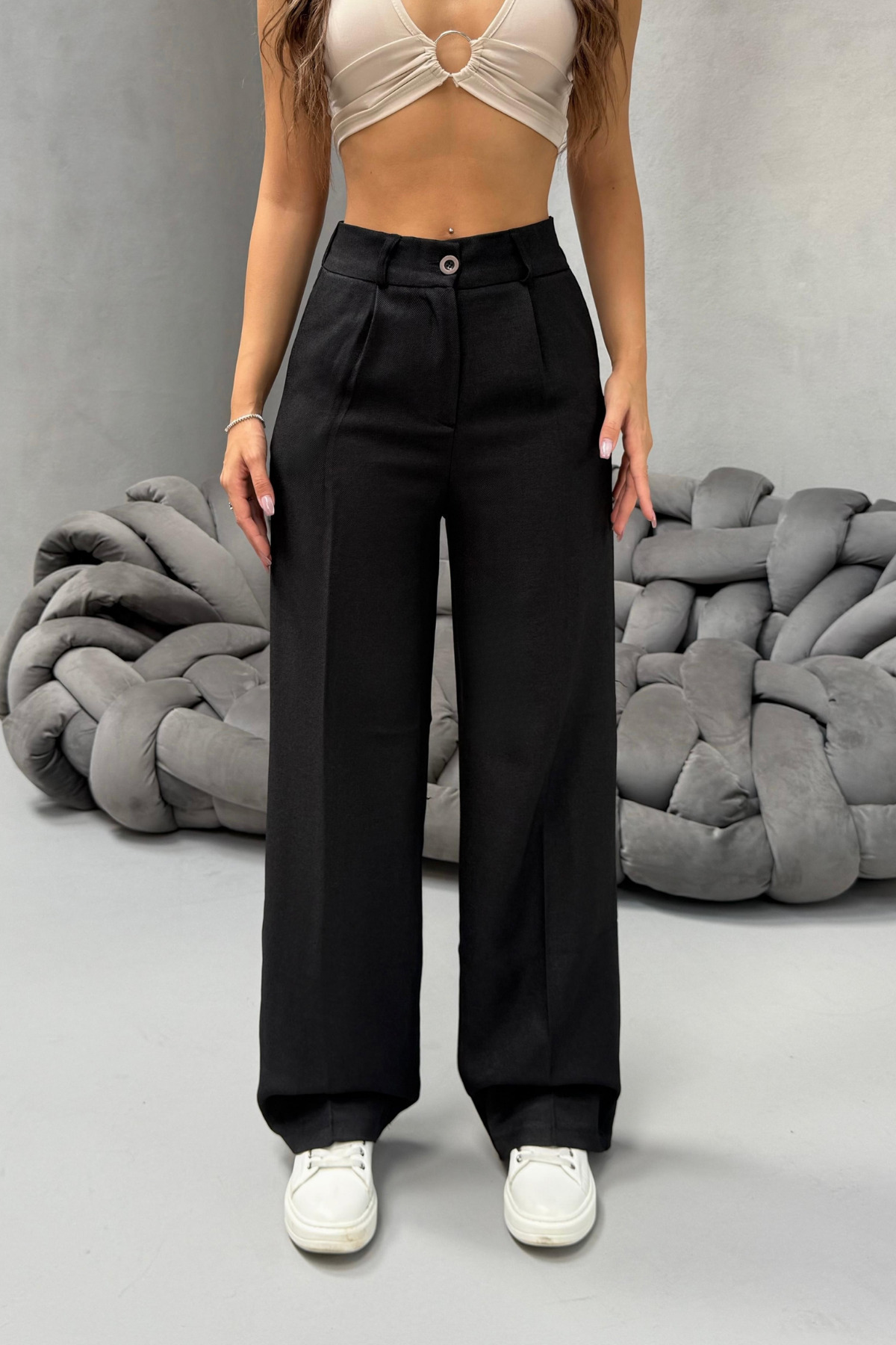 Kadın Yüksek Bel Wide Leg Beli Lastikli Bol Paça Rahat Kalıp Palazzo Pantolon SİYAH 3